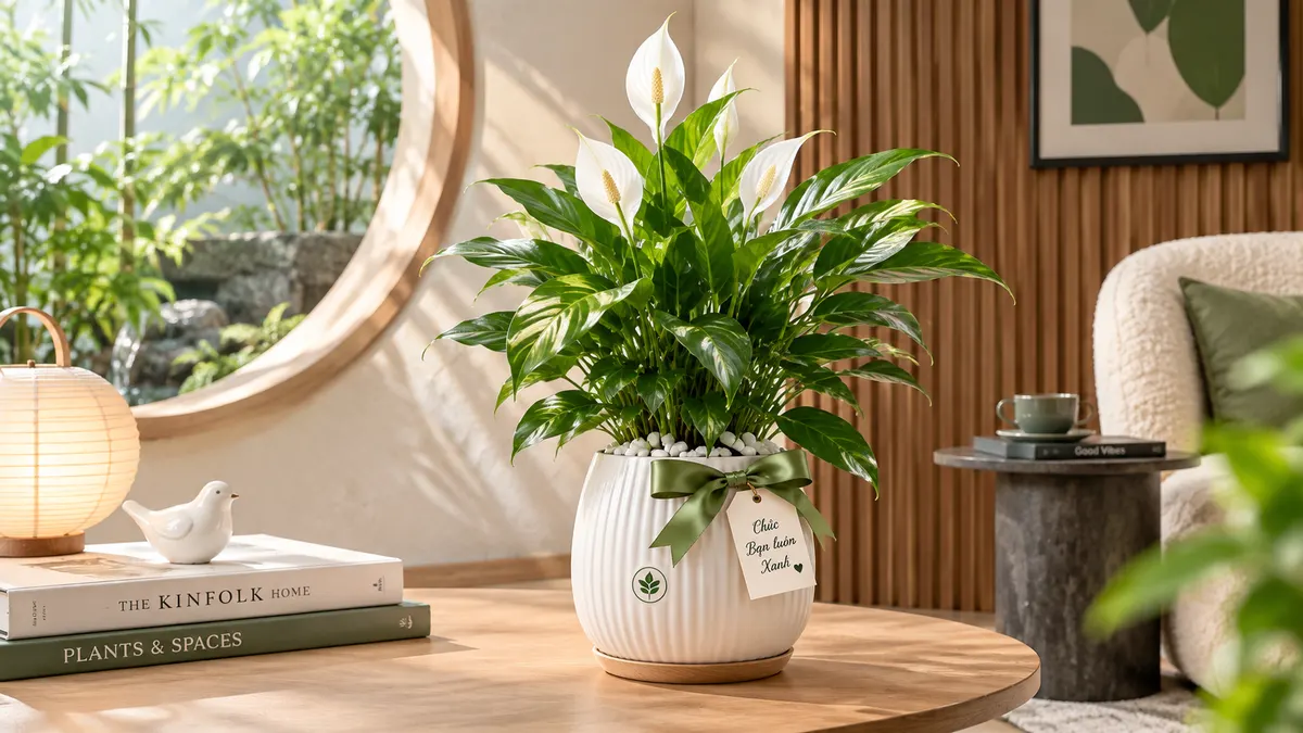 Chậu cây quà tặng hoàn thiện, đặt cạnh hộp quà và thiệp chúc mừng.