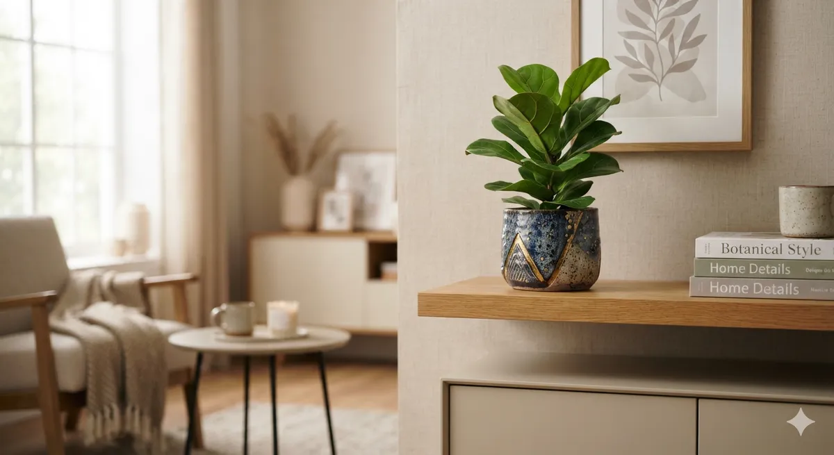 A fiddle-leaf fig in a blue-and-gold speckled glaze pot, set beside a stack of books on a wooden shelf.