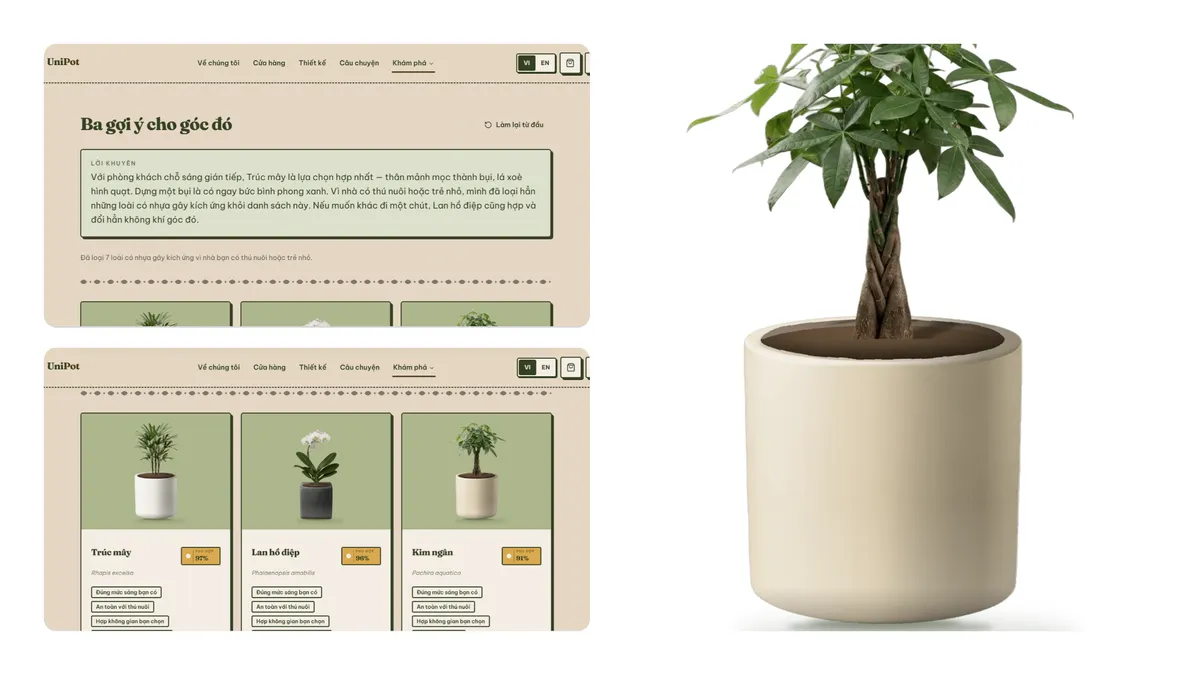 The UniPot interface showing three plant suggestions for a space, each with a match score and a pet-safe label.