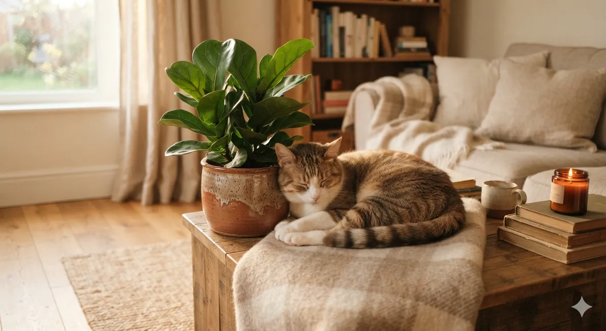 A cat curled up asleep next to a fiddle-leaf fig in a rustic pot on a wooden table.