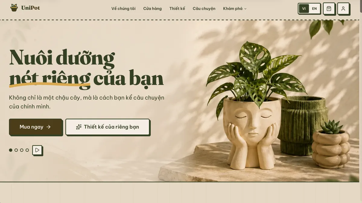 The UniPot homepage, reading 'Nurture what makes you, you,' with a button to start designing.