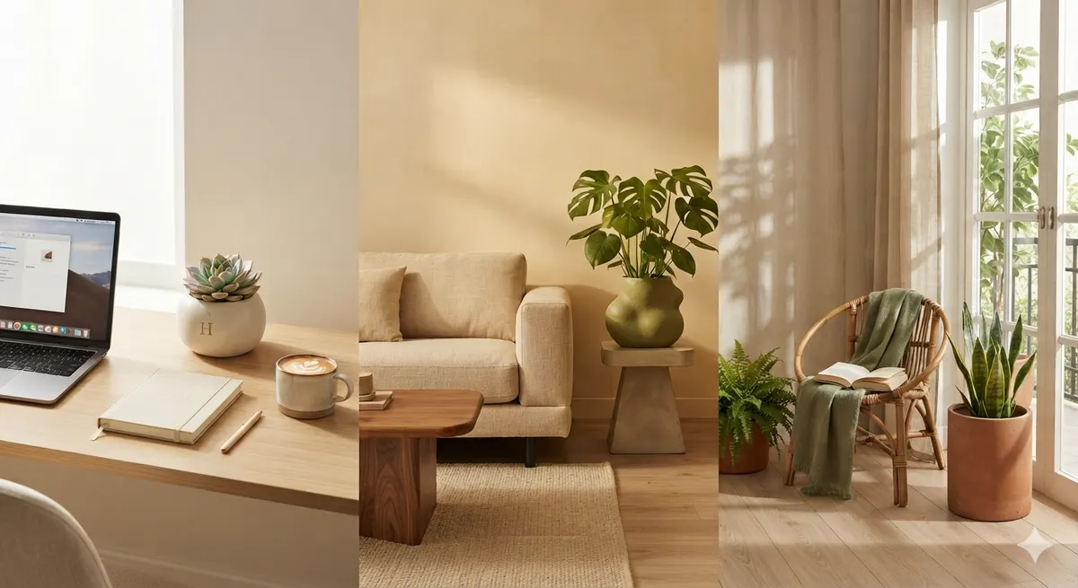 Three settings — a desk, a living room, a reading nook — each paired with a different kind of pot.