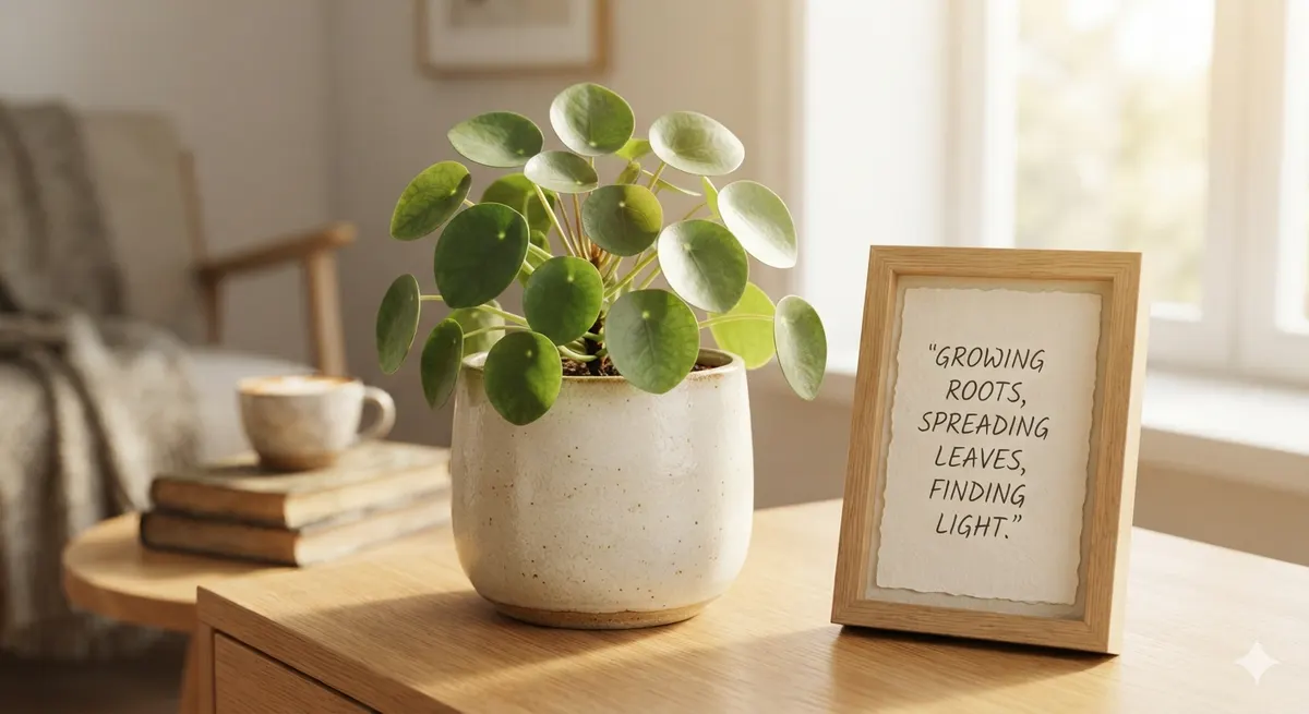 A pot engraved with 'Growing roots, spreading leaves, finding light' beside a small framed card.