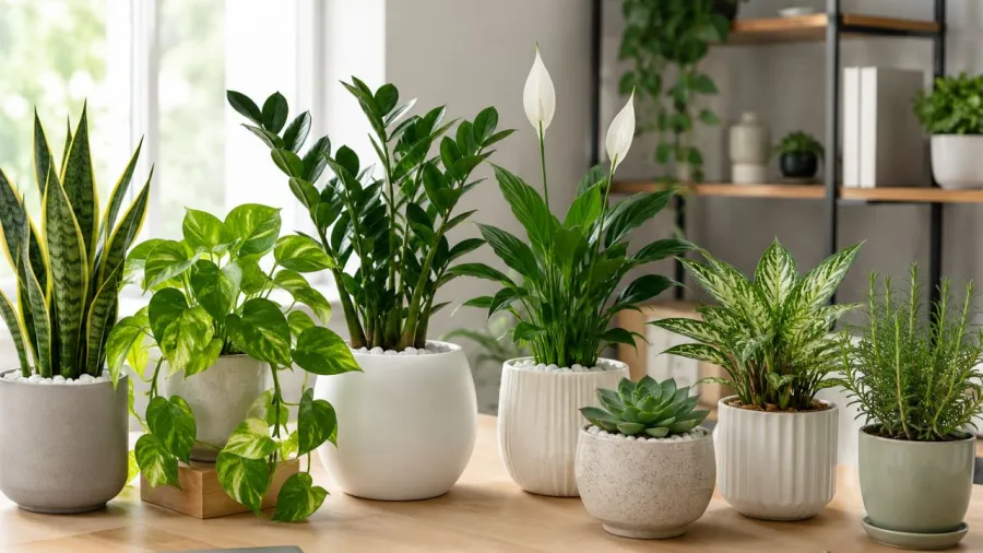 A row of pots in different shapes and colours — snake plant, pothos, ZZ plant, peace lily — lined up on a wooden table.