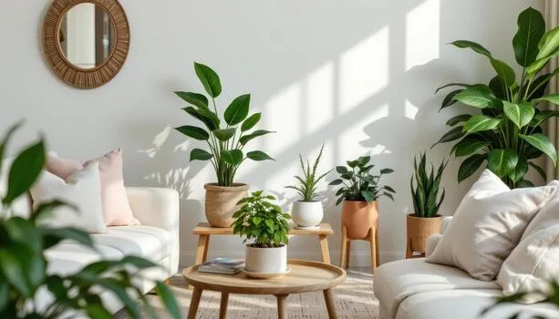 A bright living room with three pots — woven, terracotta and white ceramic — arranged around a sofa.