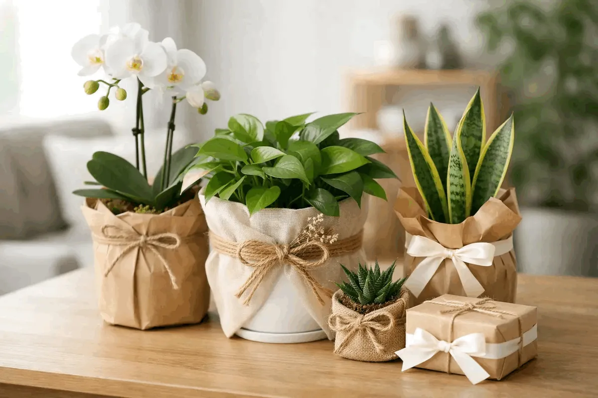 Four pots wrapped in kraft paper and ribbon — an orchid, a pothos, a snake plant, a succulent — beside a small gift box.