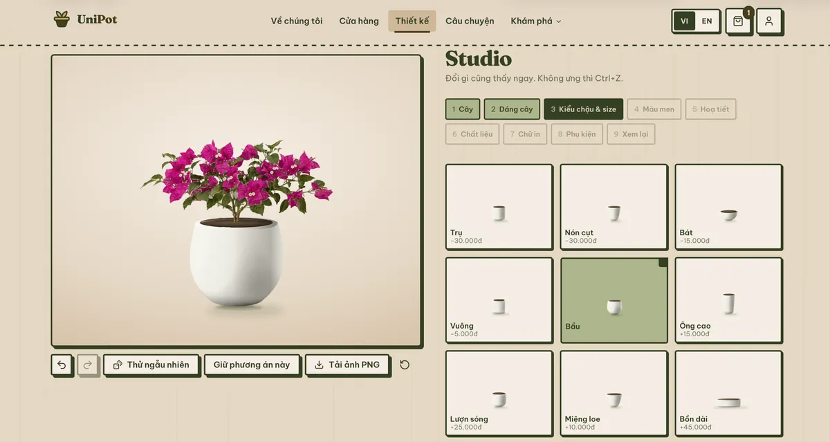 The UniPot Studio interface on the shape-selection step, nine shapes shown beside a bougainvillea in a white 'bulb' pot.