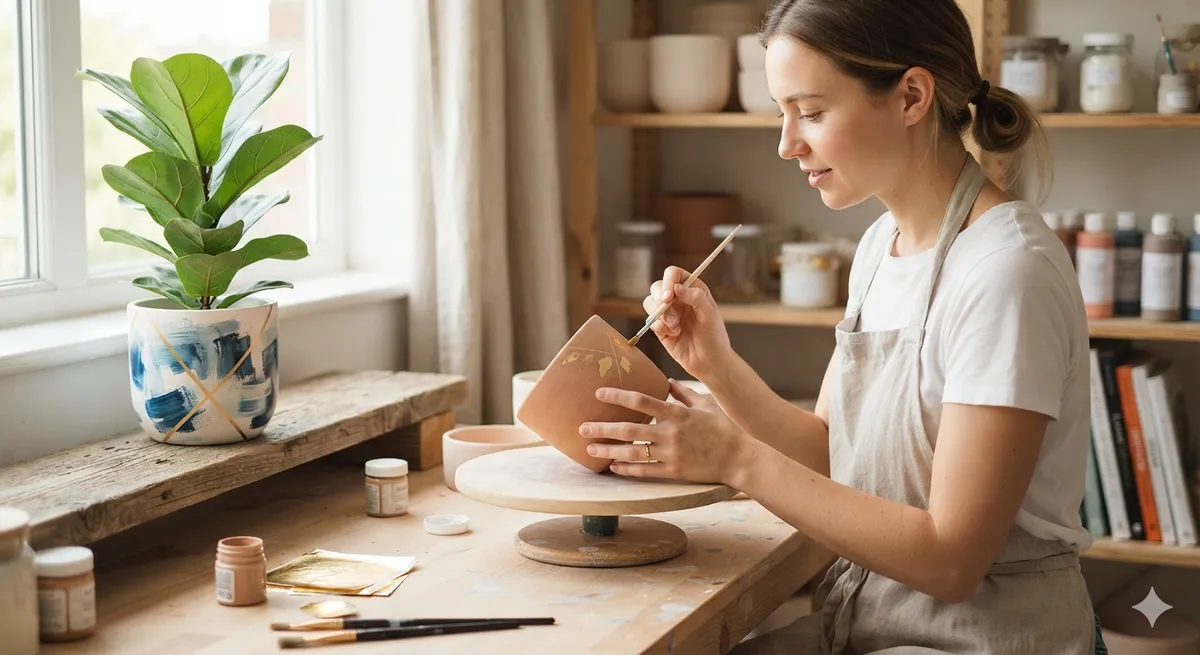 A potter hand-painting a pattern onto an unfired clay pot, with a finished blue-patterned pot on a windowsill nearby.