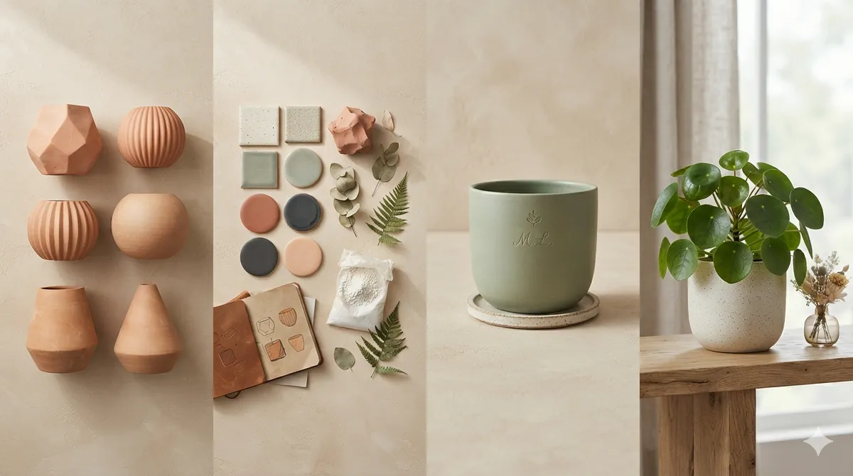 Four panels: unfired clay pot shapes, a swatch board of colours and materials, a sage-green pot engraved 'M.L.,' and a pilea in a speckled pot.