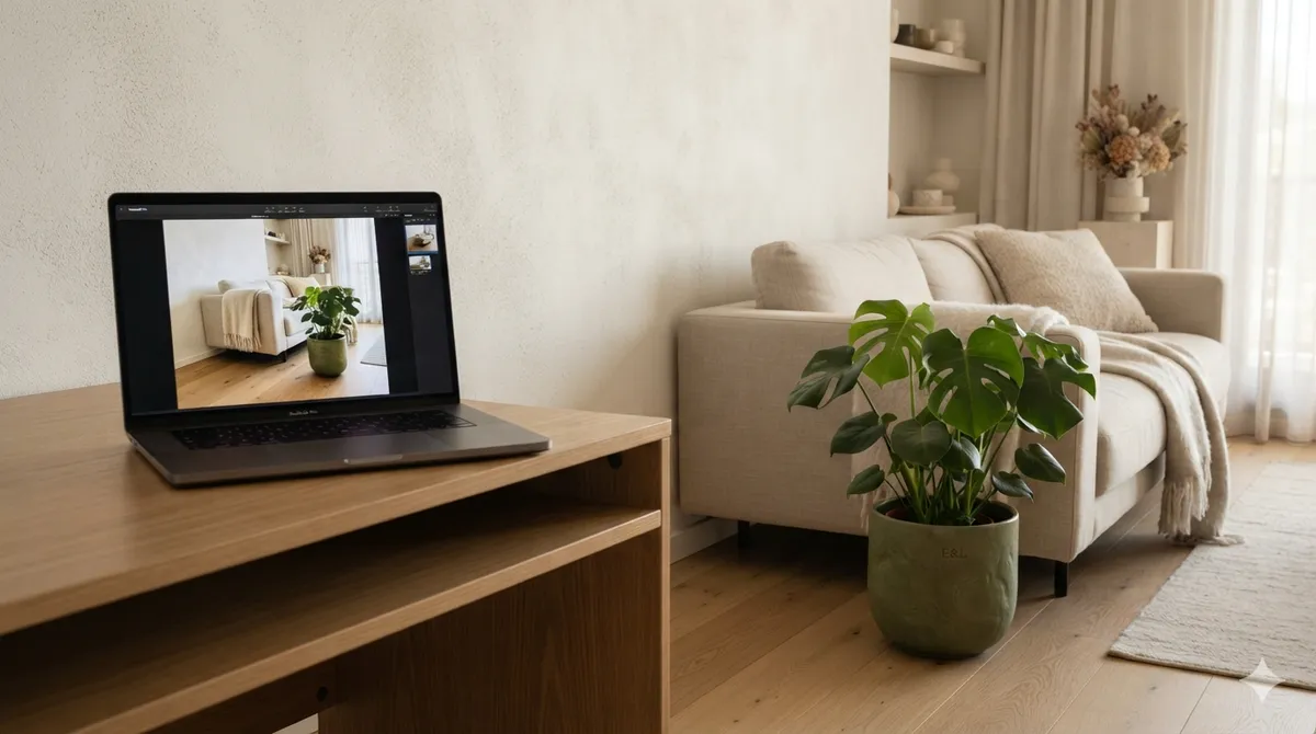 A laptop showing room-preview software with the pot composited into a living-room photo, next to the same monstera in real life.