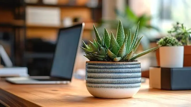 A compact pot beside a laptop on a tidy desk.